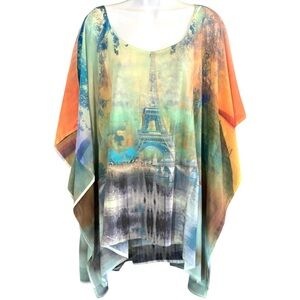 Mushka Paris Eiffel Tower Kimono Top 3X Lightweight Artsy Lagenlook Art To Wear